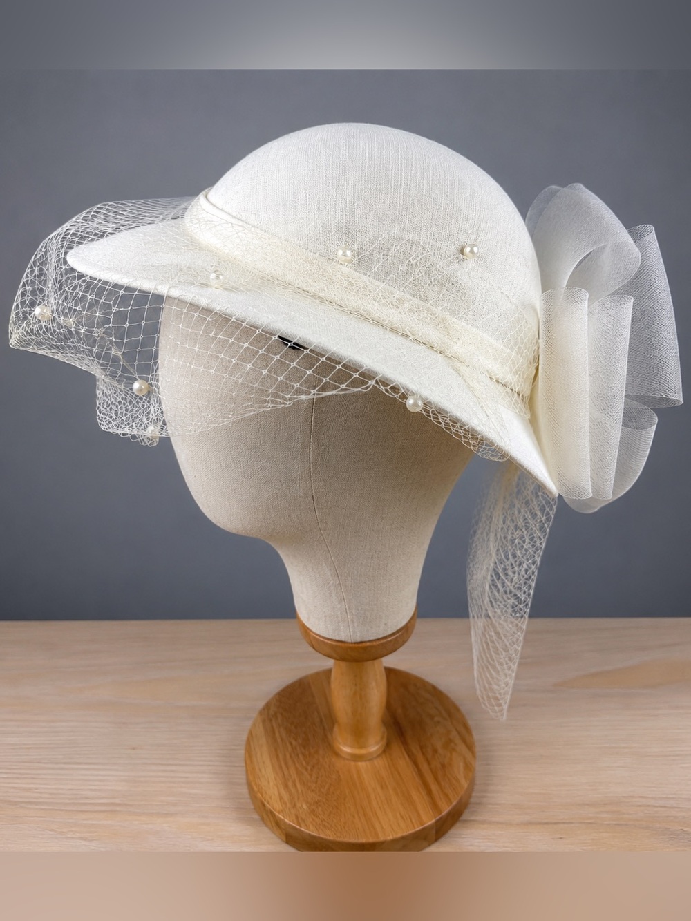 Ivory Bridal Cloche Hat Birdcage Veil Bow